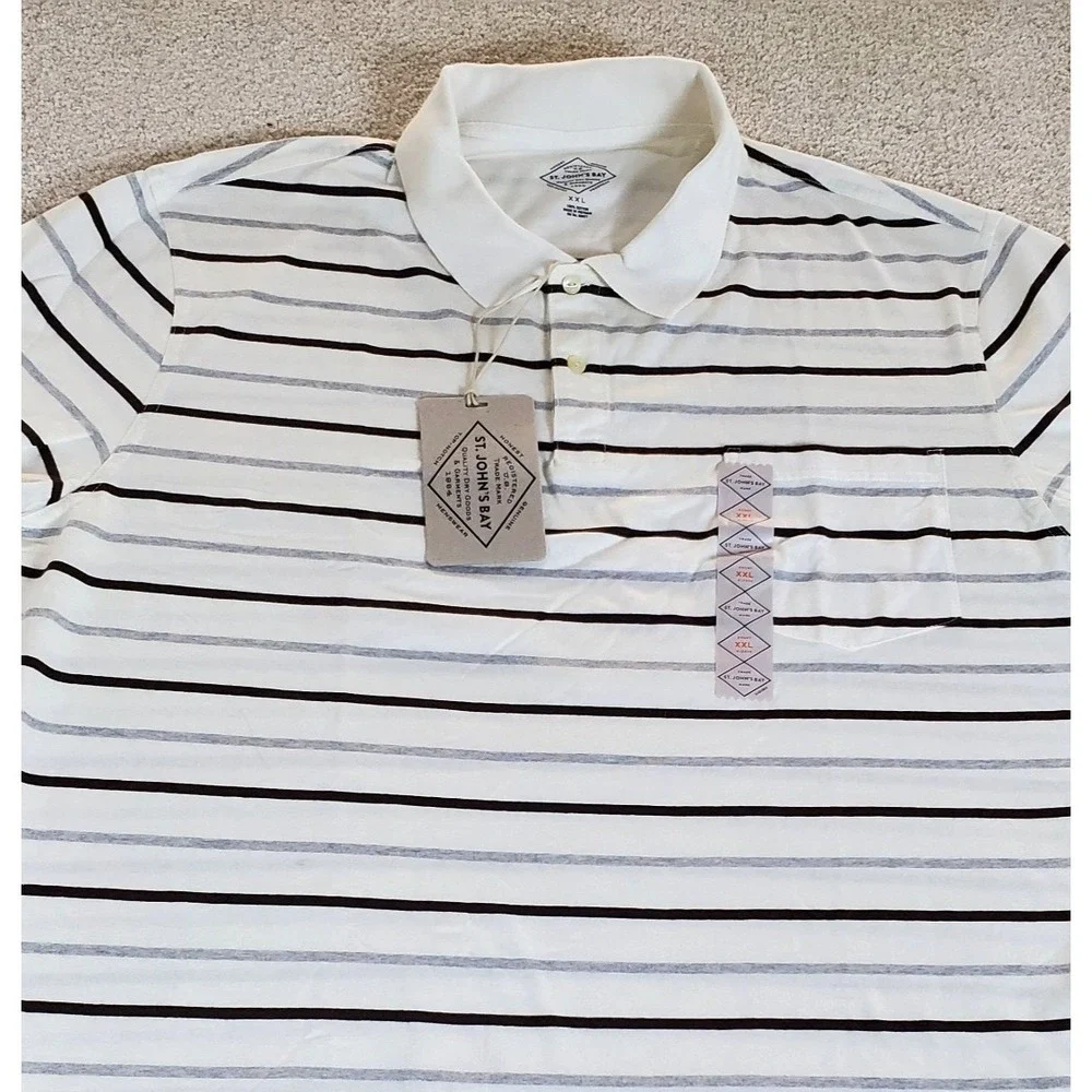 St John's Bay Men's Polo Shirt Size‎ XXL Cream W Gray Black Stripe NWTG